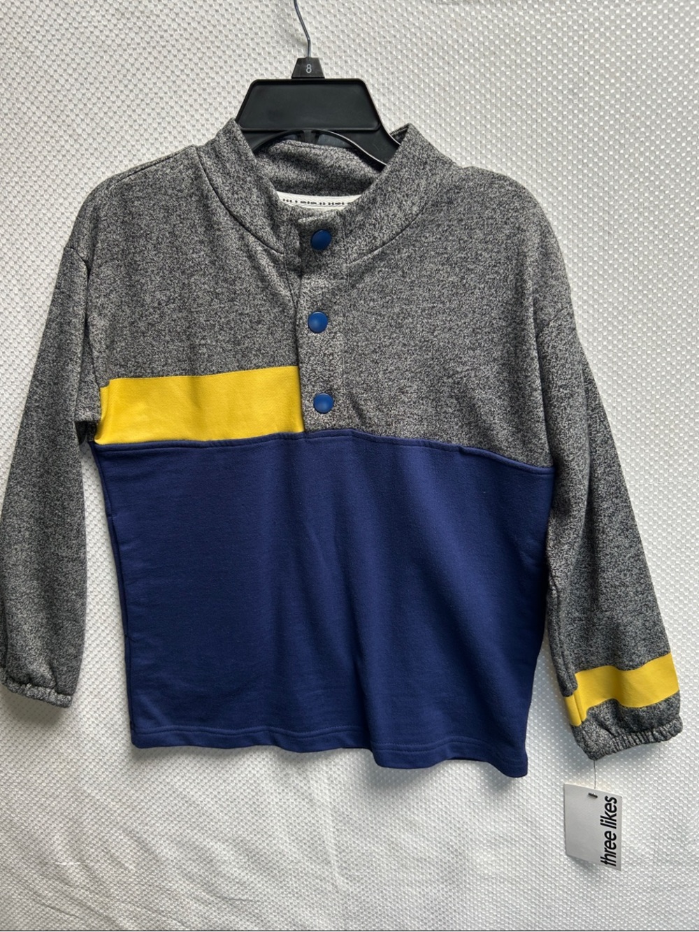 Three Likes Kids Colorblock Pullover Sweatshirt - Gray, Navy & Yellow.Size 8 NWT
